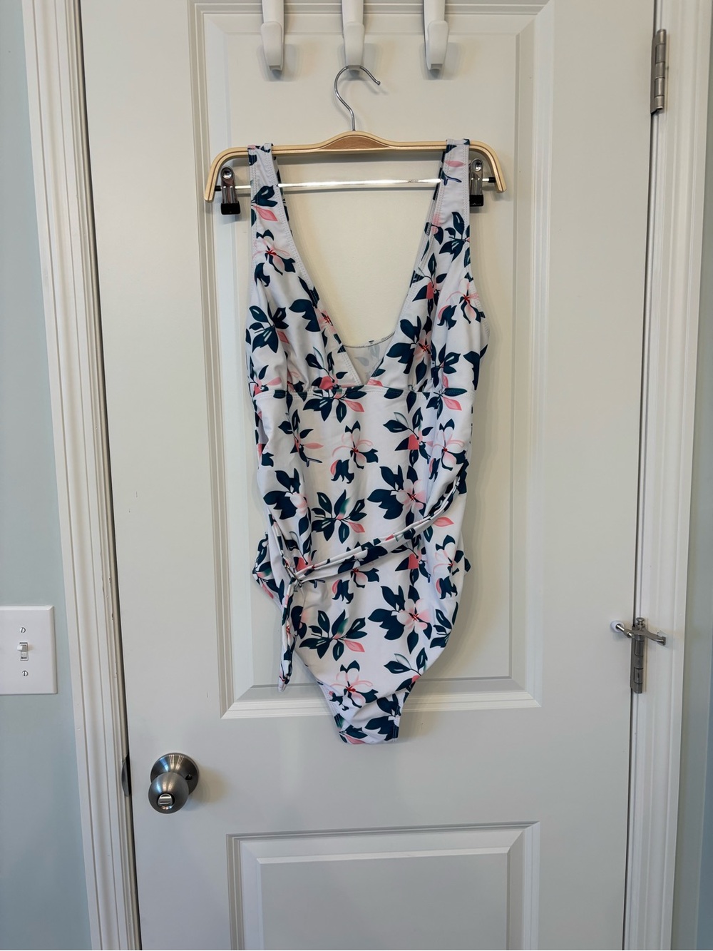 Floral Wrap One-Piece Swimsuit in White and Navy